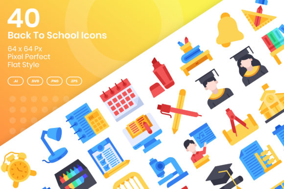 40 Back to School Icons - Flat Graphics